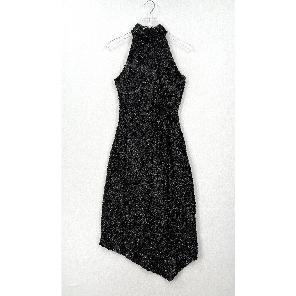 CIEBON Signy Sequin Asymmetrical Gown Womens Small Black Halter Midi Sleeveless - Picture 3 of 16